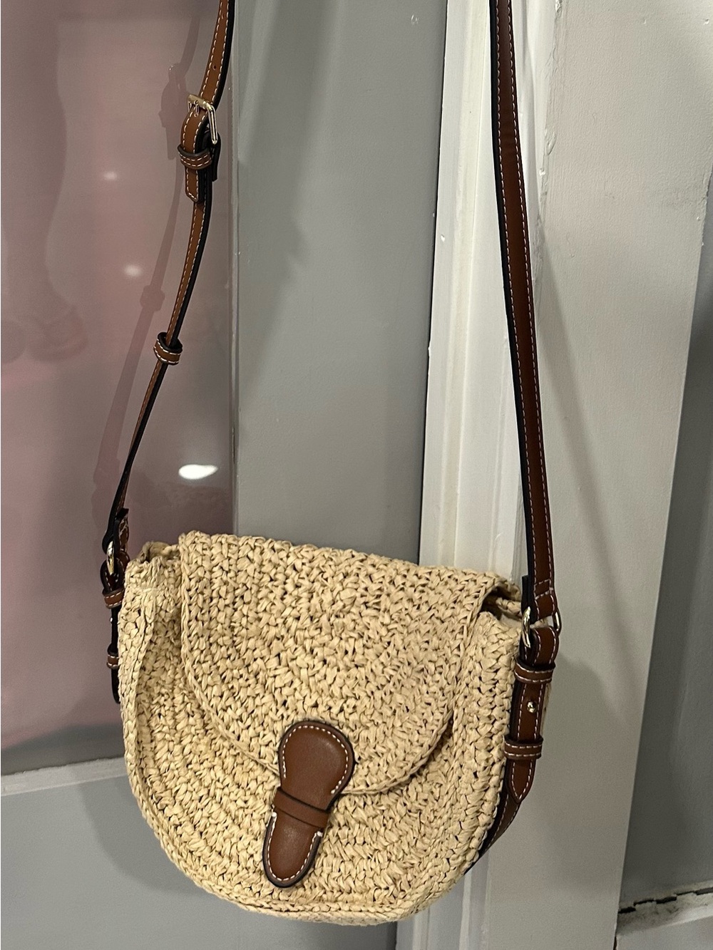 Zara Natural Woven Shoulder Bag with Brown Leather Trim